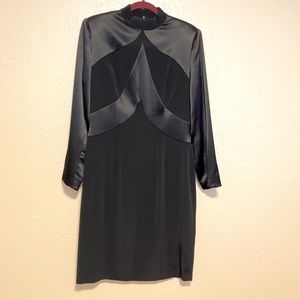 NITELINE Vintage Black Satin + Matte Structured High Neck Long Sleeve Dress sz10